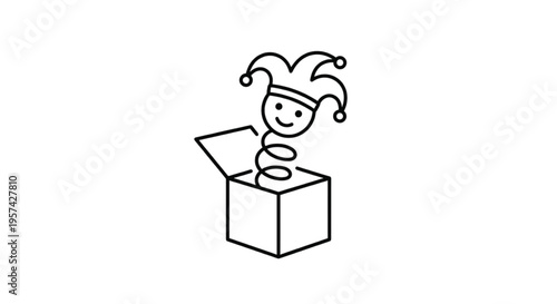 Line art illustration of a jack-in-the-box toy jumping out of a gift box.
