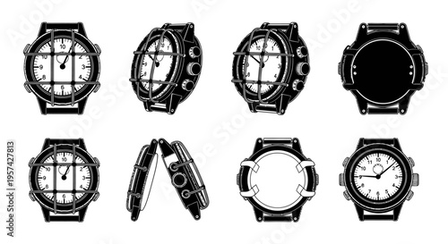 Tactical Field Watch with Wire Guard Vector Illustration Multi-Angle Grid Isolated on White Background for Military Gear Design and Survival Equipment