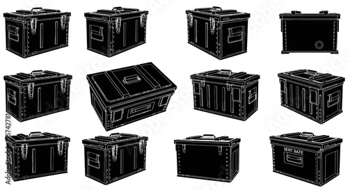 Military Tactical Storage Crate Vector Illustration Multi-Angle Grid Collection Isolated on White Background for Defense Logistics and Transport Design