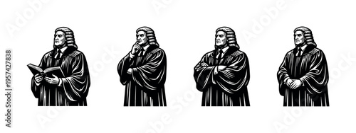 Black and white silhouette of judges in traditional robes, vector illustration