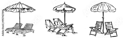 beach chair and umbrella hand drawn Illustration set