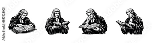 Black and white vector illustration of lawyers reading books with robes and wigs, depicting legal themes and professional attire