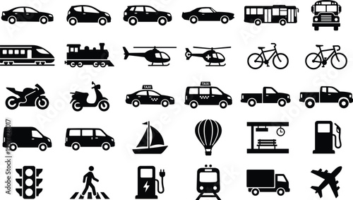 Vector Silhouette Collection of Transportation Icons Including Cars, Trains, Aircraft, Bikes, and Traffic Elements for Urban City Travel and Logistic Design