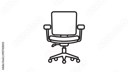 Office chair simple outline illustration with black lines and five-star base on white background featuring furniture, workspace, interior design with