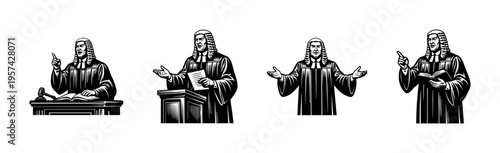 Vintage judge silhouette illustrations, black and white courtroom scene, legal theme vector elements