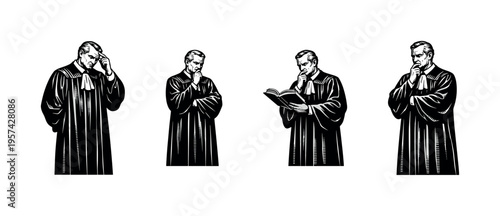 Black and white vector illustration of judge in different thoughtful poses, silhouette style