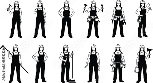 Vector Set of Female Construction Workers in Overalls and Hard Hats Holding Various Hand Tools for Industrial Service and Professional Maintenance