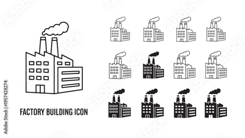 Factory building icons with smokestacks emitting clouds of smoke, presented as a set of simple outline and filled silhouettes.