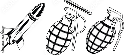 Military equipment silhouette set rocket grenade illustration vector army defense weapon icon black isolated design collection tactical graphic