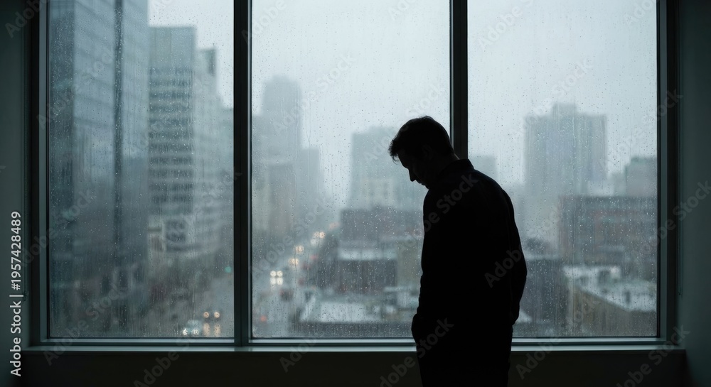 Fototapeta premium Silhouette of a man looking out a rainy window at city skyline