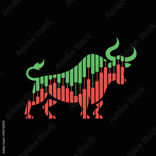 A bull silhouette is filled with red and green stock market trading bars