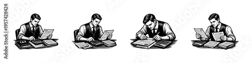 Black and white illustration of a businessman reviewing financial documents and calculating taxes in vintage style