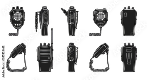 Tactical Two-Way Radio Walkie Talkie Black and White Vector Illustration Multi-Angle Grid Set Isolated on White Background for Security and Military Comms Design