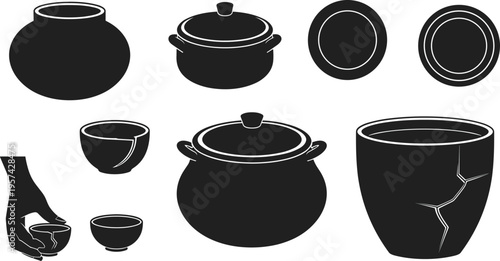 Black silhouette illustration of cracked ceramic vessels and bowls, symbolic artwork of fragility, repair, kintsugi tradition, restoration, and cultural pottery design concept