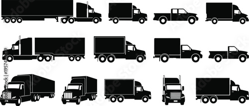 Vector silhouette set of heavy duty trucks semi trailers delivery vans and pickup trucks for logistics transport industry commercial shipping icons