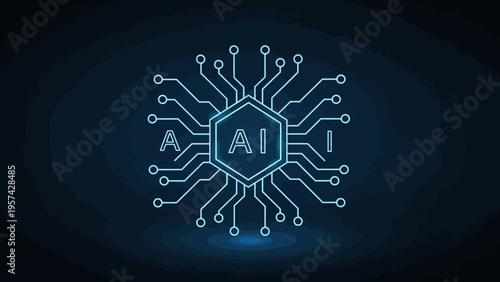 Futuristic Digital Illustration of an Artificial Intelligence Processor Chip Glowing with Intricate Circuit Board Lines, Symbolizing Advanced Computing and Future Technology Innovation