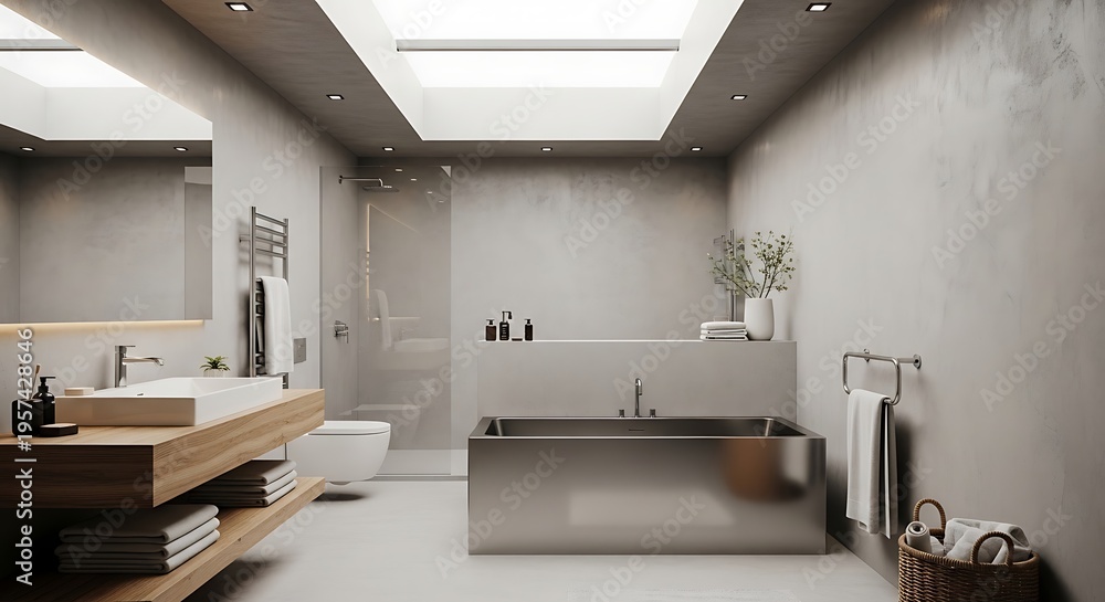 Fototapeta premium Modern Bathroom Design - Sleek Stainless Steel Bathtub and Minimalist Decor.