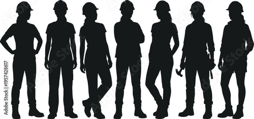 Women construction workers silhouette set featuring female builders and engineers wearing hard hats, industrial workwear, and tool belts in professional standing poses
