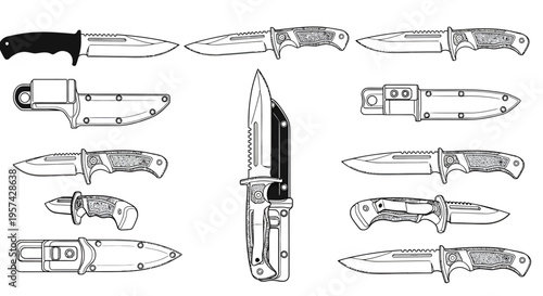 Military Tactical Survival Knife Black and White Vector Set Multi-Angle Grid Collection Isolated on White Background for Defense Advertising and Game Development