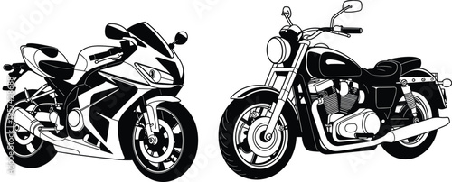 Black silhouette illustration of sportbike and cruiser motorcycles, contrasting designs symbolizing speed, style, leisure, transportation, and classic motorbike artwork concept