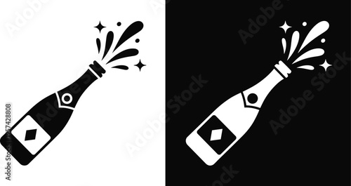 Champagne bottle popping icon set with sparkling splash featuring solid black silhouette and white negative space style for celebration party and luxury events