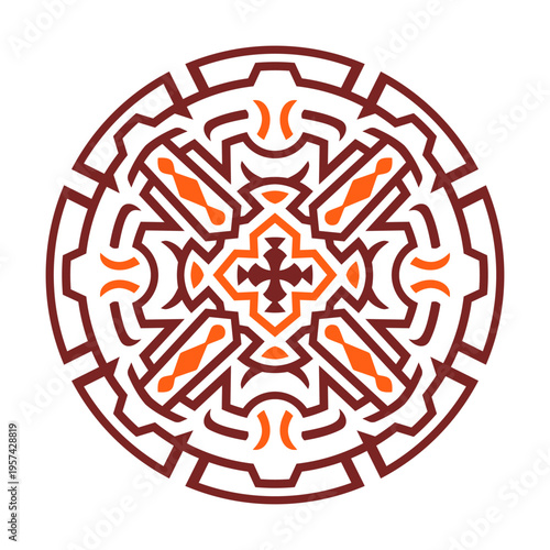 Geometric Circular Tribal Ornament with Brown and Orange Aztec Style Patterns