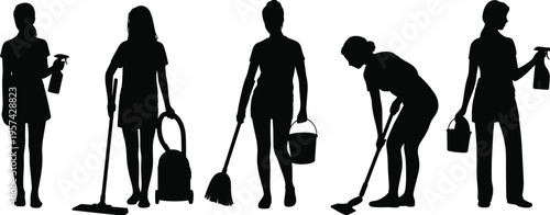Cleaning activity silhouettes icon set with people using mop, broom, vacuum, spray bottle, and bucket, minimalist housekeeping and janitorial service design illustration