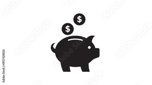 Piggy bank icon with two dollar coins falling into the slot representing savings and financial growth