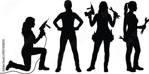 Women construction workers silhouette set featuring female builders holding electric drills and wrenches while wearing professional workwear and industrial safety gear