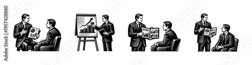 Business presentation and discussion illustrations featuring professional figures in retro style silhouette