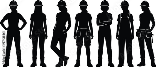 Women construction workers silhouette set featuring female builders and engineers wearing hard hats, industrial workwear, and tool belts in standing poses