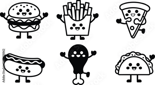 Cartoon food character icon set with smiling hamburger, fries, pizza, hot dog, chicken drumstick, and taco, playful anthropomorphic design for children’s themes