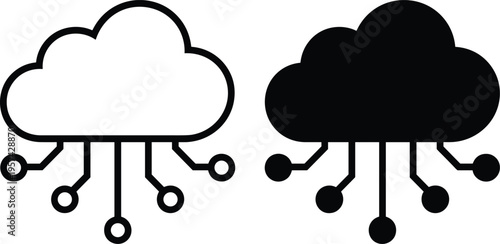 Cloud computing network icon set with circuit board connections featuring minimalist black line art and solid silhouette style for data storage and digital technology