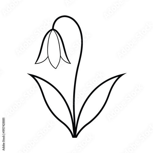 Outline of a single bellflower with two leaves and a bent stem on a white background