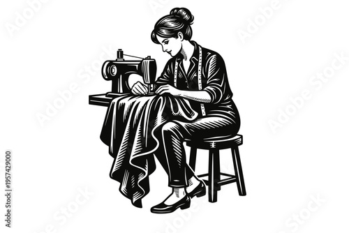 Vector illustration of a tailor at work sewing clothes on a sewing machine in black and white silhouette style