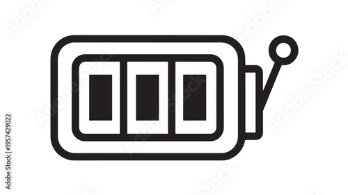 Slot machine icon with three reels and a lever, representing gambling and chance on a white background.