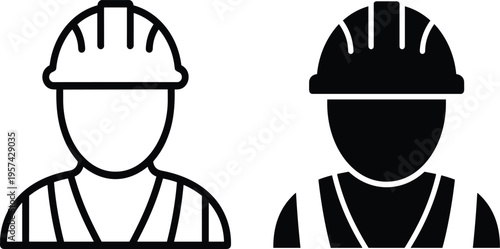 Construction worker icon set with hard hat and safety vest featuring minimalist black line art and solid silhouette style for industrial labor professional