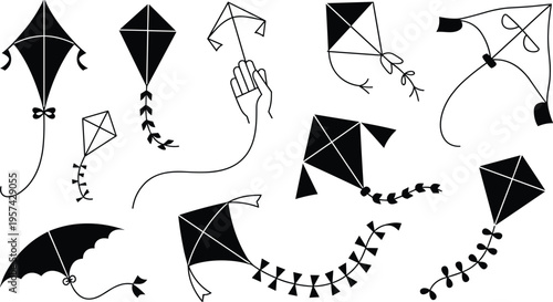 Collection of diverse black silhouette kite designs with unique shapes, tails, bows, and hand interaction, representing traditional and creative recreational flying objects illustration