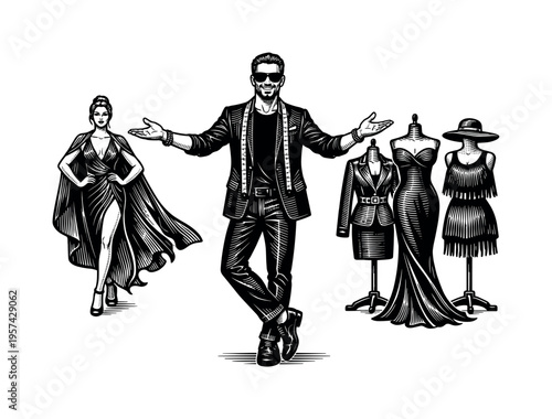 Fashion designer with clothing mannequins and fashion models in black and white vector illustration