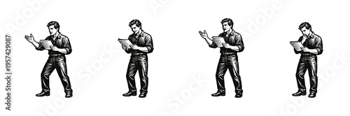 Vector illustration of male actor performing monologue in various poses in black and white silhouette