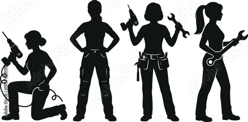 Women construction workers silhouette set featuring female builders, engineers, and technicians holding drills and wrenches while wearing professional workwear and toolbelts