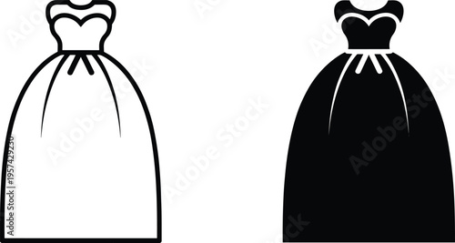 Elegant formal dress icon set in outline and silhouette styles, modern vector illustration perfect for fashion branding, wedding design, ball gown graphics, and creative projects.
