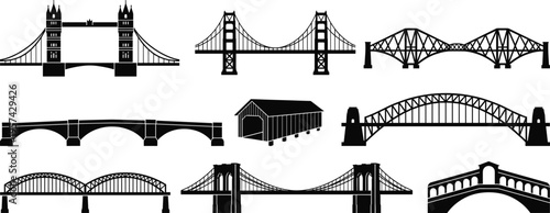 World famous bridges silhouette collection including London Tower Bridge Golden Gate and Brooklyn Bridge icons for travel tourism architecture and engineering vector