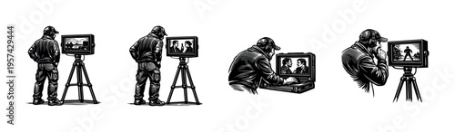 Vector art of film directors analyzing footage on equipment black and white illustration