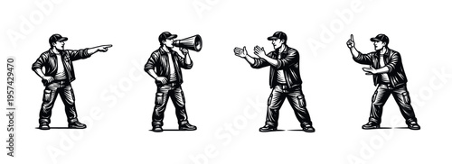 Black and white vector illustrations of man in various gestures wearing cap and jacket