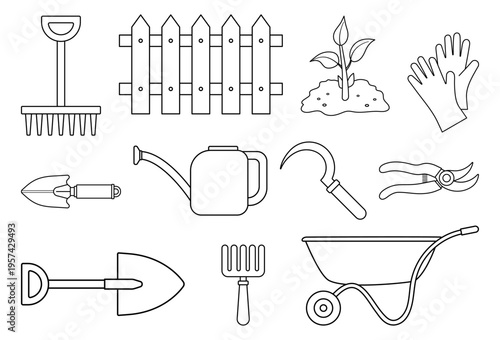 Gardening tools set, isolated on a white background. Black line art, compound outline drawing. Linear icon collection, vector illustration. Template for coloring page.
