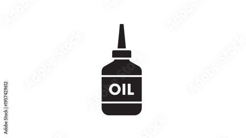 Bottle with the word OIL written on it, symbolizing lubrication and maintenance in a black silhouette graphic.