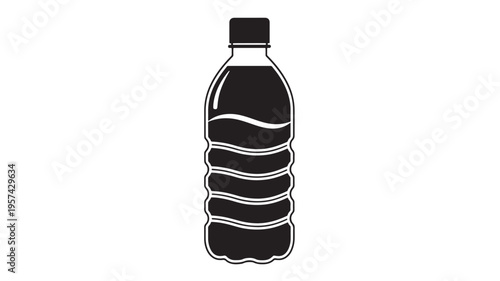 Bottle of water icon with textured sides and a wavy liquid level inside, black on white background featuring drink, beverage, container with plastic