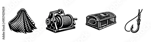 Fishing gear vector illustration set including fishing net, winch, lobster trap, hook, black and white silhouette