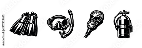 Black and white scuba diving gear vector illustration including mask fins snorkel and diving tank